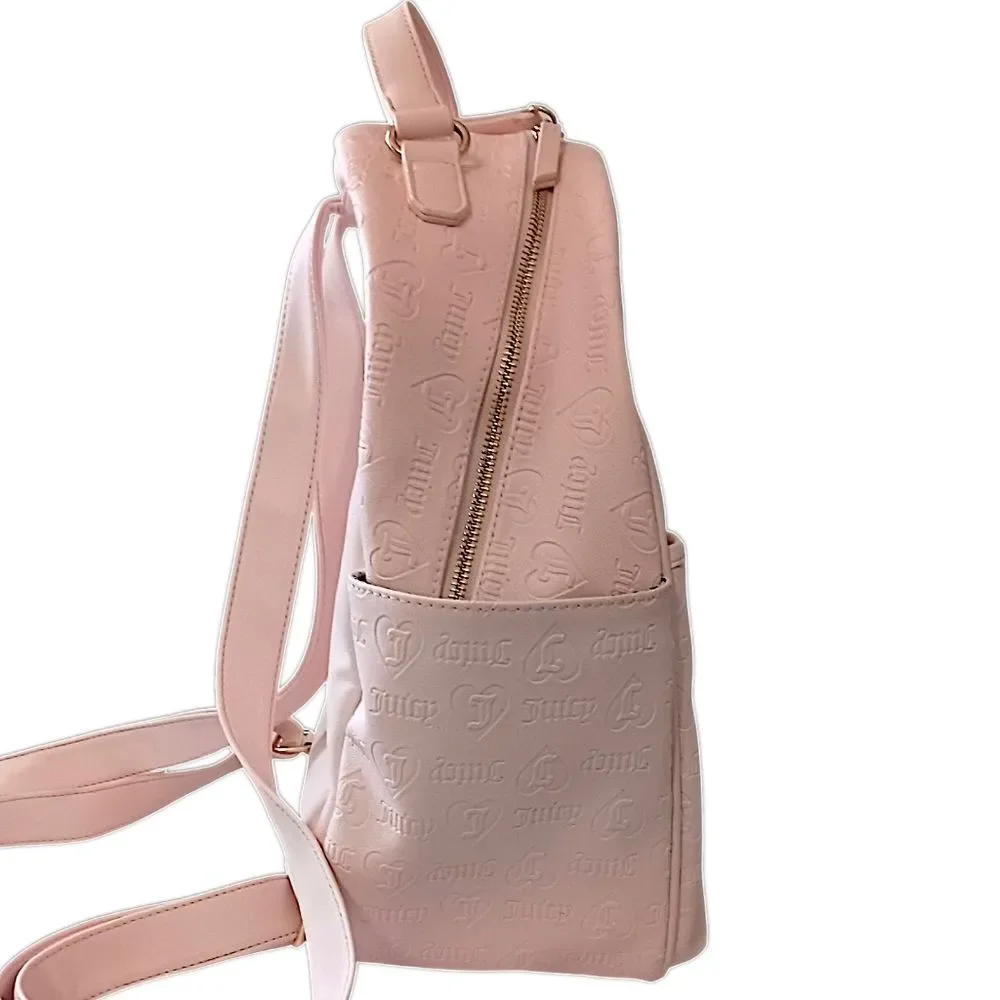 Juicy Couture Pink Faux Leather‎ Backpack Monogram Gold Logo School Travel Bag